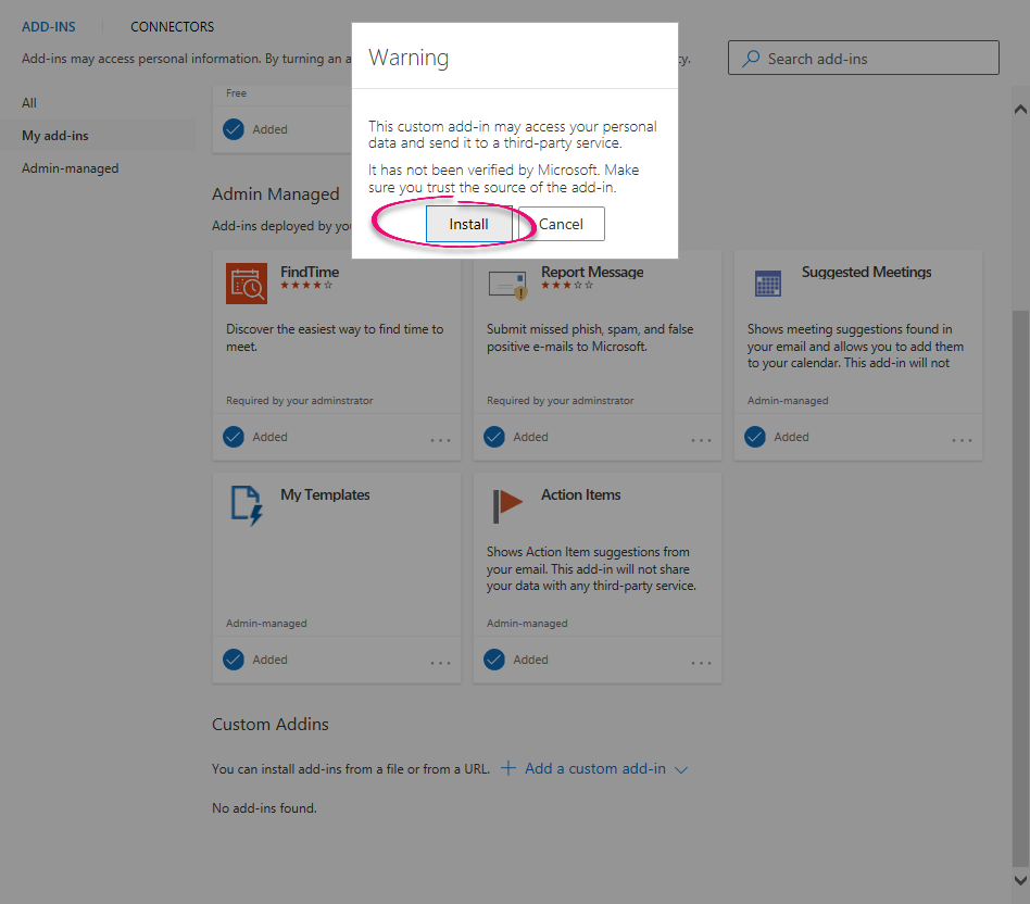 Configuring the Microsoft Outlook addin